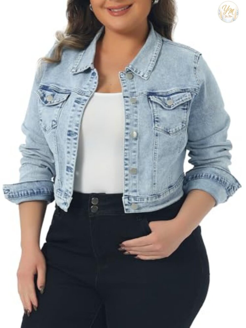 Plus Size Cropped Denim Jacket Stitching Button Closure